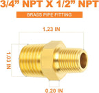 GASHER Brass Reducing Hex Nipples,1/2 Inch NPT Male x 3/4 Inch NPT Male Brass Pipe Adapter Fittings Reducing Nipples Connector（8Pcs）