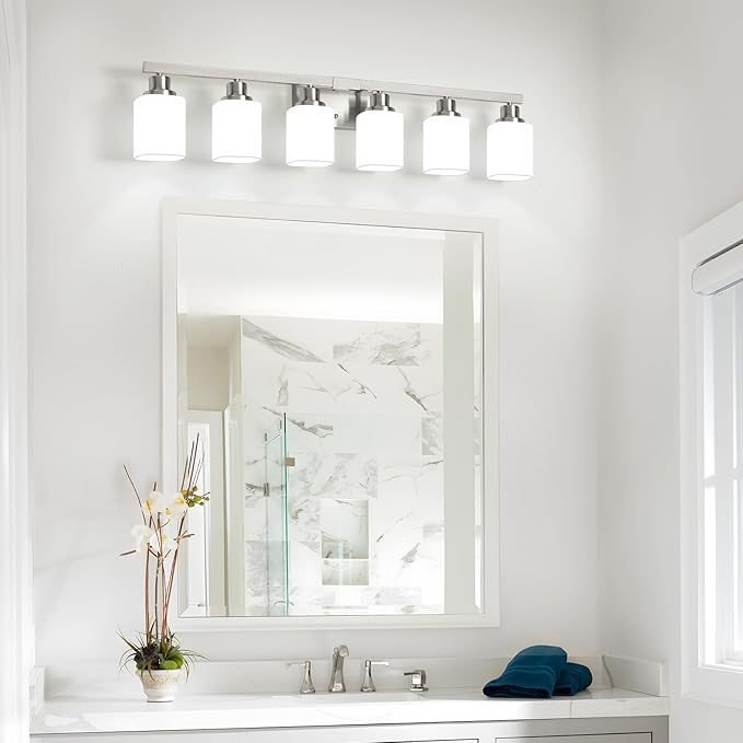6-Light Bathroom Vanity Light,Brushed Nickel Vanity Lights with Square Frosted Glass,Modern Bathroom Wall Lights Fixtures Over Mirror,Wall Sconces Lighting for Bedroom Living Room,E26