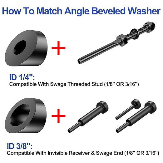 CKE 30 Pack 1/4" Black Angle Beveled Washers for Cable Railing, 30 Degree Beveled Washers for 1/8" 5/32" 3/16" Stair Deck Cable Railing Kit, T316 Stainless Steel Black Cable Railing Angle Washer,BCR17