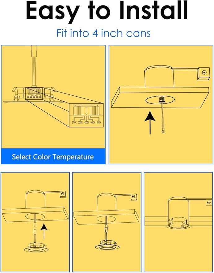 Energetic 12 Pack 4 Inch 5CCT Retrofit Recessed Ceiling Lighting, LED Can Lights, Dimmable Downlight, 5.4W, Equivalent 45W, 2700K/3000K/4000K/5000K/6500K Selectable, Damp Rated, Baffle Trim, ETL