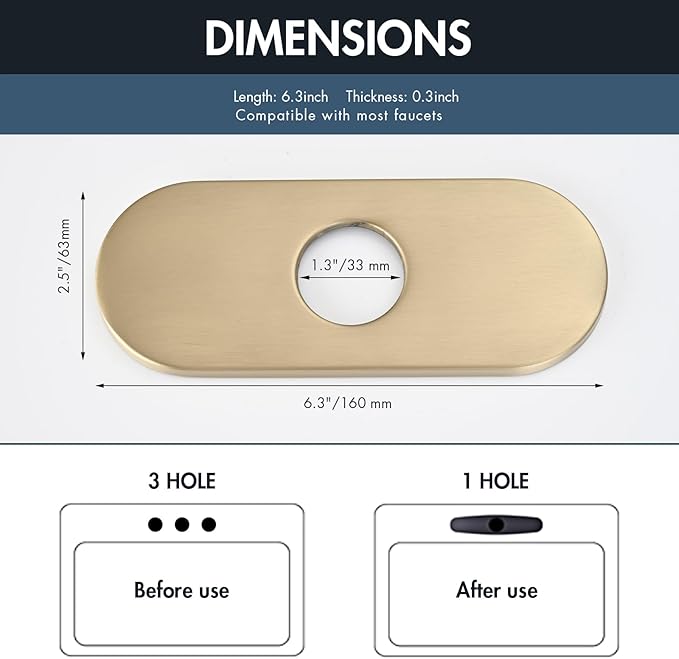 6 Inch Faucet Deck Plate for Bathroom Sink - Universal Fit for 1 Hole or 3 Hole 4 Inch Centerset Basins - Escutcheon Faucet Plate - Stainless Steel Faucet Hole Cover(Brushed Gold)