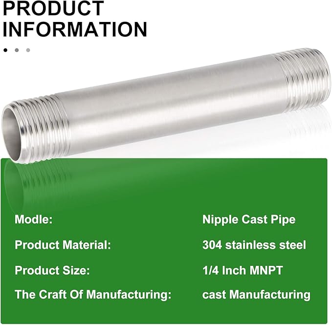 TAISHER 2PCS Stainless Steel Pipe Fittings, 1/4" NPT x 1/4" NPT Male Threaded, 6" Length Nipple Cast Pipe