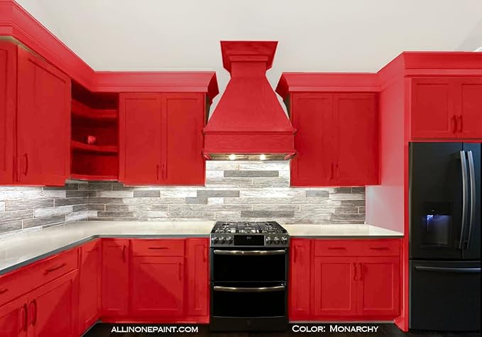ALL-IN-ONE Paint, Durable cabinet and furniture paint. Built in primer and top coat, no sanding needed. Includes our 30 featured color card - Monarchy (primary red), Quart