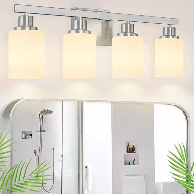 Bathroom Vanity Light, 4-Light Nickel Modern Bathroom Light Fixtures with Milky White Glass Shade, Wall Lights,Bath Vintage Wall Mounted Lamps for Mirror Bedroom Living Room Hallway Cabinet