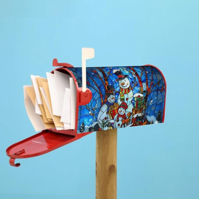 Winter Snowman Mailbox Cover - Christmas Stained Glass Holiday Wrap - Xmas Decorations Happy New Year - Magnetic Standard Size 18 x 21