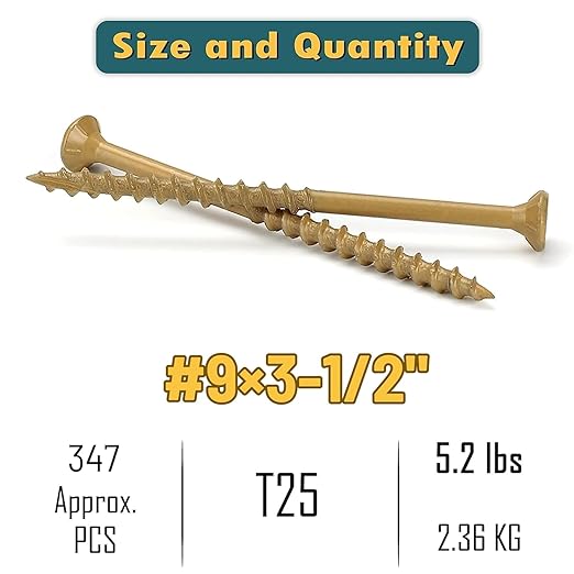 WELLOCKS Deck Screws, Wood Screws, Tan, Superior Rust Resistant, Epoxy Coated, Above 1000 Hour Salt Spray Coating T25 Torx Star Bit Included for Outdoor Wood Fence (5.2LBS Tan, #9×3-1/2")