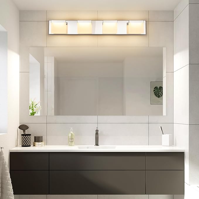 SineRise LED Modern Bathroom Vanity Light Fixtures (4-Light, 30-Inch, 5CCT), Chrome Modern Acrylic Bathroom Wall Lighting Fixtures Over Mirror (3000K/3500K/4000K/5000K/6000K)