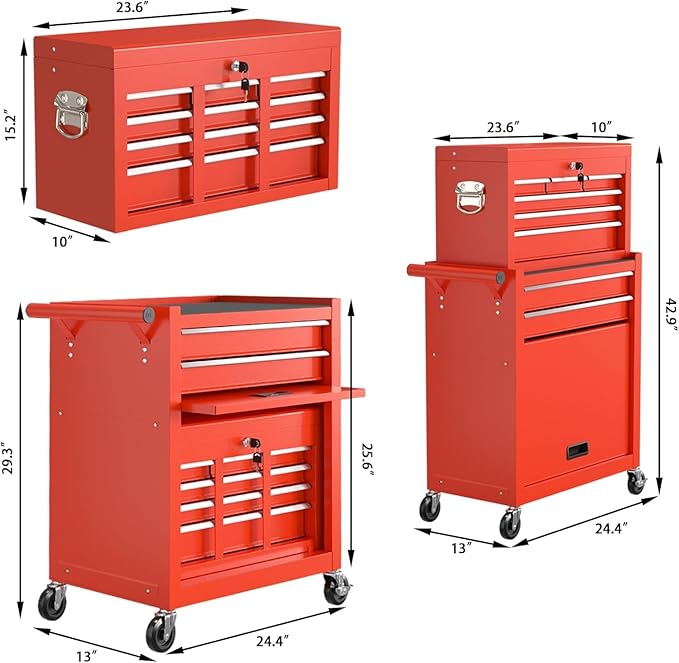 8 Drawer Rolling Tool Chest, High Capacity Tool Box with Lockable Wheels and Drawers, 2 in 1 Portable Toolbox Organizer Storage Cabinet for Garage, Warehouse, Repair Shop, Red