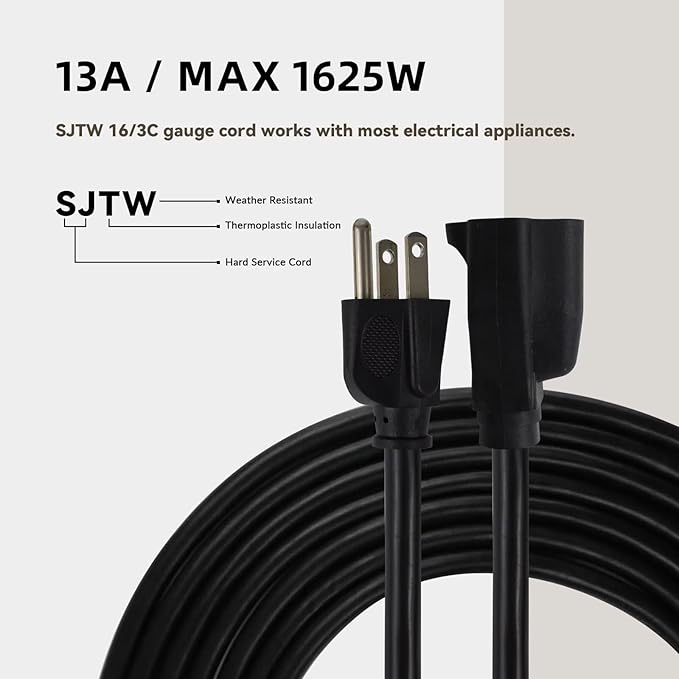 25ft Outdoor Extension Cord for Christmas Decorations - 16/3 Heavy Duty SJTW Waterproof Black Electrical Cable with 3 Prong Grounded Plug for Safety, Great for Lawn and Major Appliances