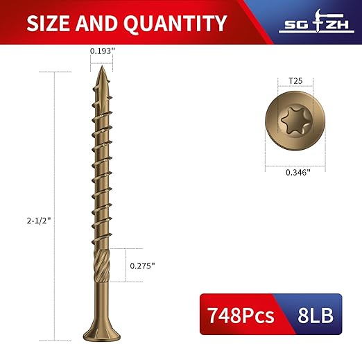 #9 x 2-1/2" Deck Screws (748Pcs) 8lb. Carbon Steel, Yellow, Flat Head, Rust Resistant epoxy Coated, with T25 Star Bit