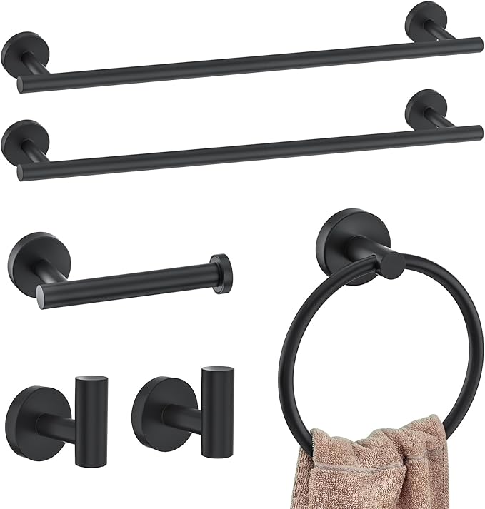 6-Piece Bathroom Hardware Set Matte Black Towel Bar Set,Towel Holder Set for Bathroom, Stainless Steel Wall-Mounted Bath Hardware Accessories Set, 23.6 Inch