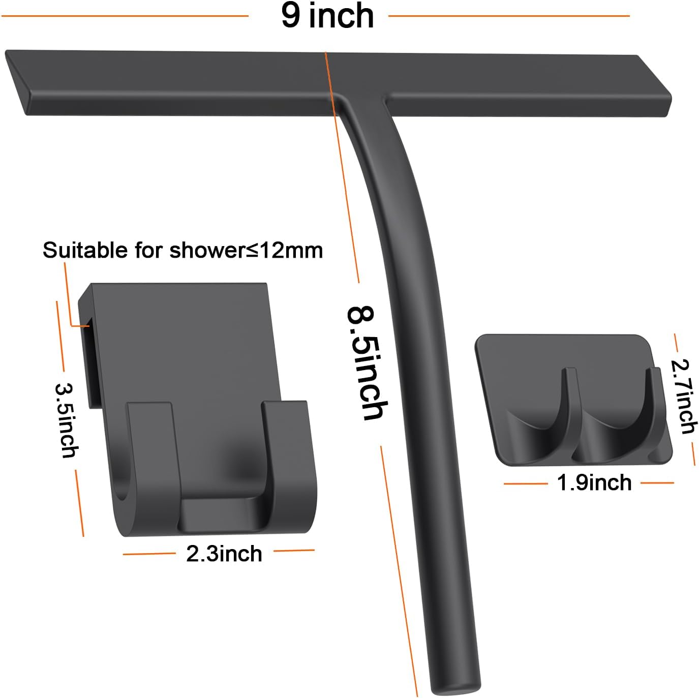 Squeegee, Matte Black 9 inch, Streak Free Cleaning, Shower Squeegee for Glass Doors, Bathroom, Shower Doors, Mirrors, Tiles and Car Windows,Silicone Squeegees,Shower Cleaner with 2 Hooks.