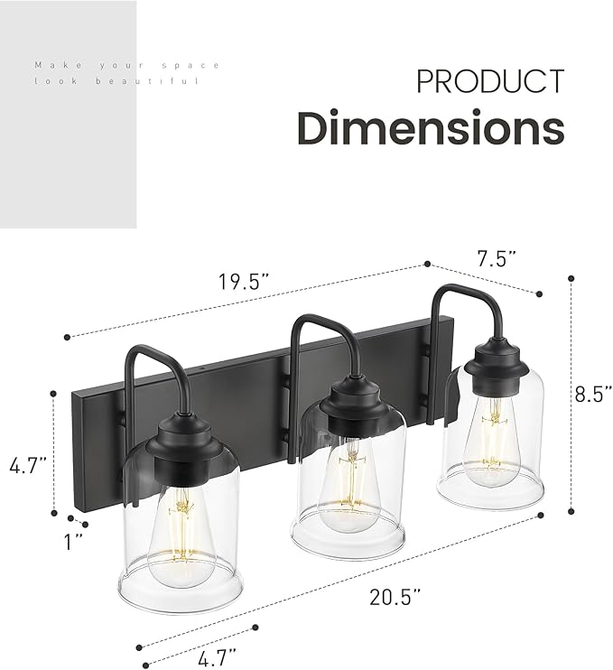 zeyu Black Bathroom Vanity Light, 20.5 Inch Bathroom Light Fixtures Over Mirror, 3-Light Modern Wall Sconces with Clear Glass Shade, ZSL72B-3W BK