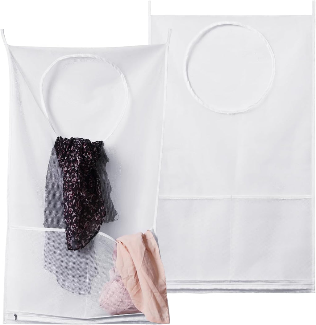 Saves Space Door-Hanging Laundry Bag,Door Hanging Laundry Hamper with 2 Different Types of Hooks, Polyester Fabric Hanging Laundry Basket for Clothes Size 22"X37" -2 Pack White