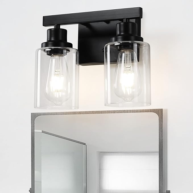 Bathroom Vanity Light, 2-Light Modern Matte Wall Sconce Lighting with Clear Glass Shade, Wall Lights,Bath Vintage Wall Mounted Lamps for Mirror Bedroom Living Room