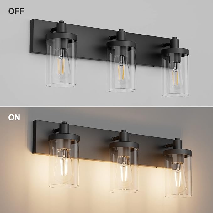 Aipsun Black Vanity Light for Bathroom 3 Light Farmhouse Bathroom Lights Fixtures Over Mirror with Clear Glass Shade(Exclude Bulb)
