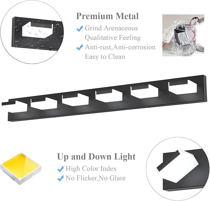 Aipsun Black Bathroom Light Fixtures - 6 Modern Vanity Lights with LED, Over Mirror (White Light, 6000K)