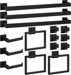 Cilee 15-Pieces Bathroom Hardware Set - Matte Black Bathroom Accessories, 24 Inch Towel Bar, Square Towel Ring, Toilet Paper Holder, Towel Hook, Wall-Mounted Stainless Steel Towel Bar Rack Set
