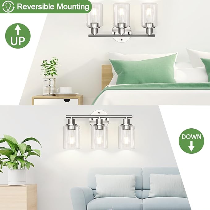 3-Light Bathroom Light Fixtures, Brushed Nickel Vanity Light, Farmhouse Wall Lights with Clear Glass Shade, Bathroom Wall Lamp for Mirror Kitchen Bedroom Hallway Living Room Hallway Cabinet