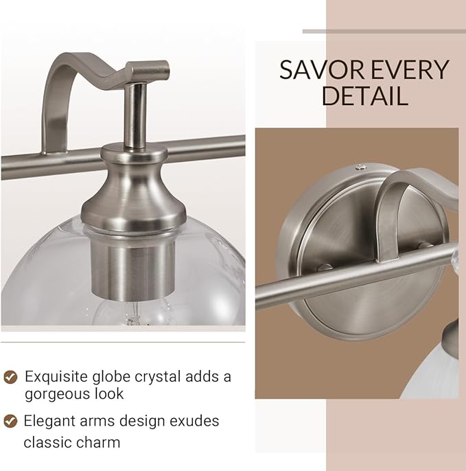 ANDY STAR Brushed Nickel Bathroom Light Fixtures, 1-Light Vanity Lights, Modern Bathroom Wall Sconces Lighting with Globe Clear Glass Shade Up or Down Wall Mounted for Kitchen, Living Room, Hallway