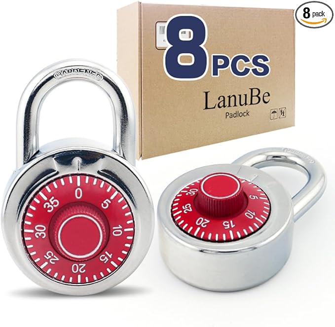 LanuBe Standard Dial Combination Lock, 2 in. Wide, with Different Combinations, Red Turnplate, Pack of 8; Lock for School, Employee, Gym Sports Locker, Case, Toolbox, and so on
