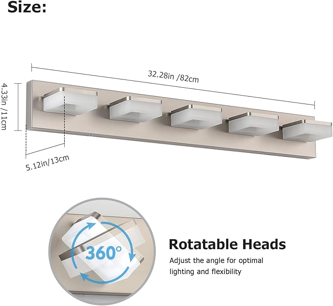 Brushed Nickel Vanity Lights for Bathroom 5 Light Vanity Lighting Fixtures for Mirror 32" Adjustable 5500K Modern LED Vanity Light Over Mirror, Bath Wall Lighting Fixtures