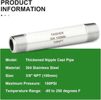 TAISHER 2PCS Stainless Steel Pipe Fittings, 3/8" NPT Male x 3/8" NPT Male Threaded, 4" Length Thickened Nipple Cast Pipe