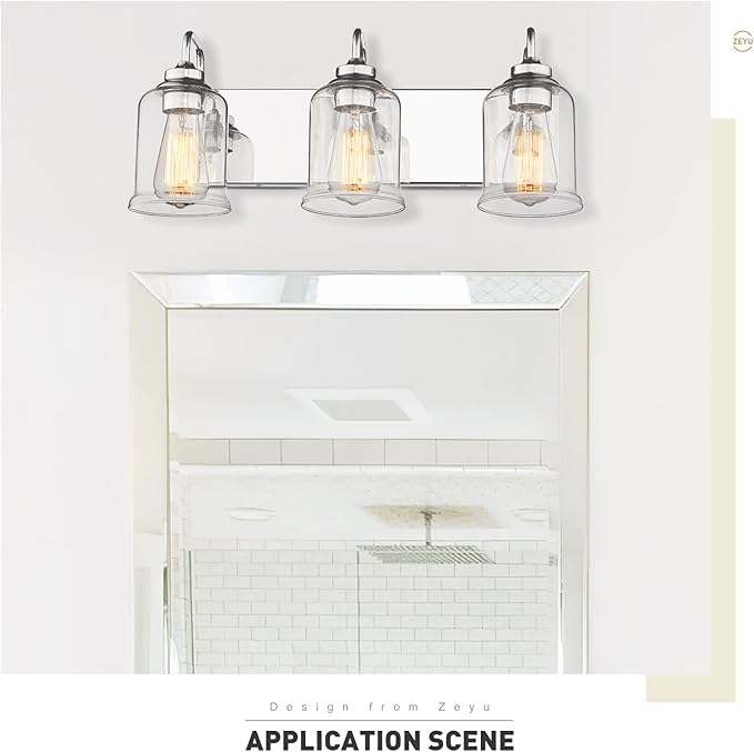 zeyu 3-Light Modern Vanity Lights for Bathroom, 20.5" Industrial Bathroom Lights Over Mirror with Clear Glass Shade, Chrome Finish, ZSL72B-3W CH