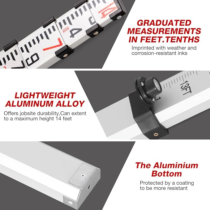 14 foot Aluminum Grade Rod - 10ths, 3 Sections Dual Sided Telescoping Leveling Rod with Bubble Level Convenient Aluminum Staff for Precise Measurement (4 M/14 FOOT 10 TH)