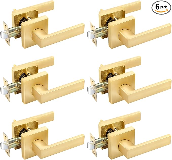 EHOMEWARE 6 Pack Keyless Door Handle Set Passage Door Lever for Hall and Closet, Satin Brass Finish