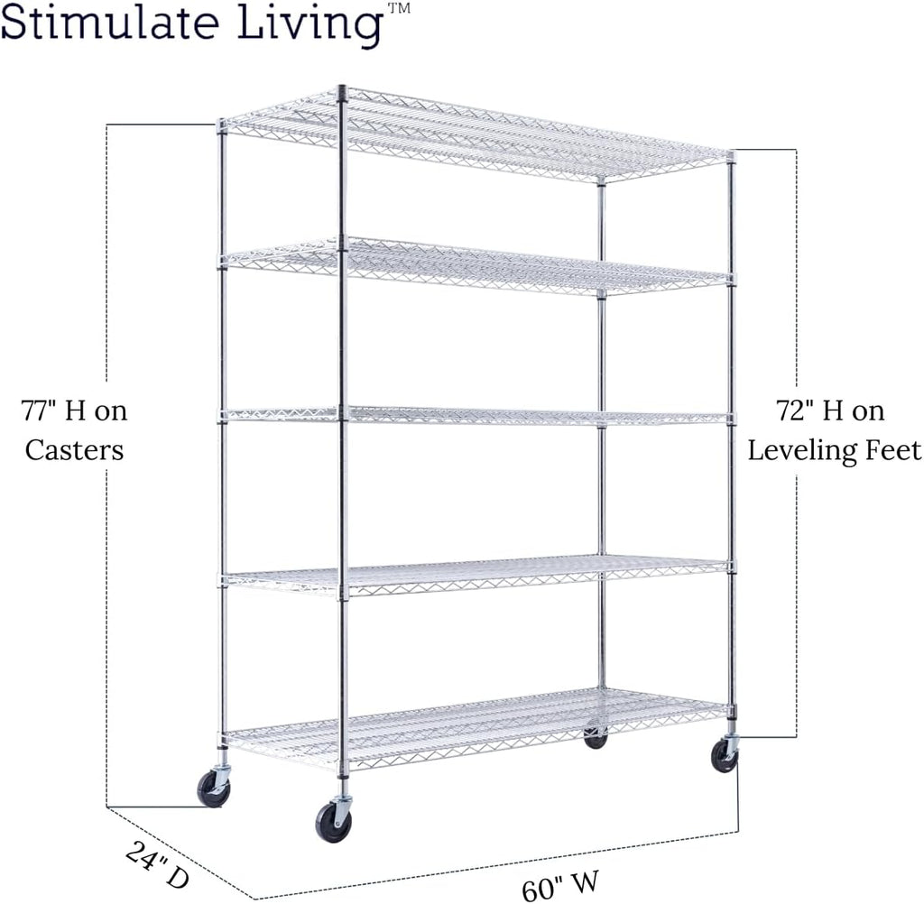60"x24"x72" PRIME HEAVY DUTY Chrome 5-Tier Wire Shelving NSF 3000 LBS MAX Capacity Storage Rack for Commercial, School, Home, Garage, Warehouse, Industrial, and Hospital Uses (with Wheels)