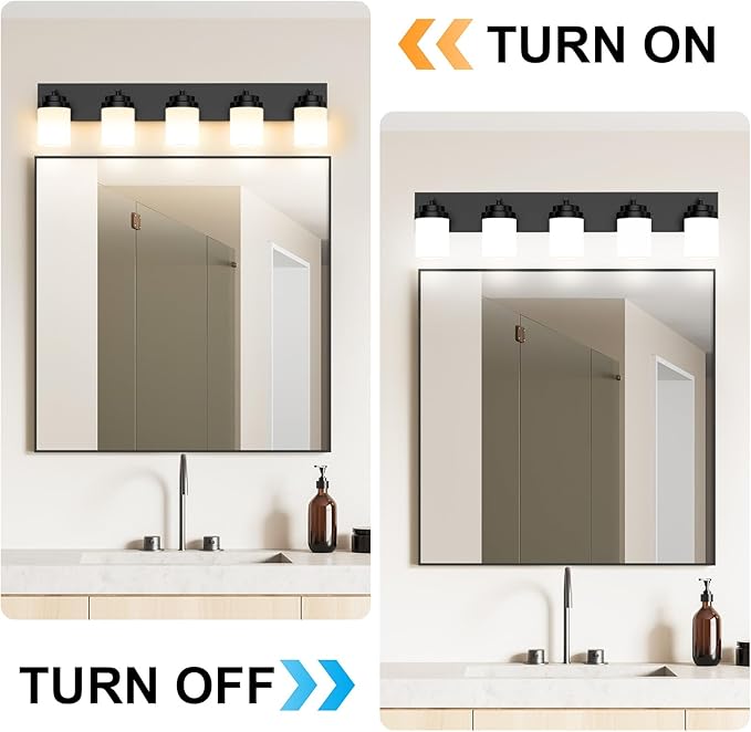 IZORRO Bathroom Vanity Light Fixture, 5-Light 36 Inch Matte Black Bathroom Light Fixtures Over Mirror, with White Glass Shade, Modern Farmhouse Vanity Lights, Rustic Restroom Lighting Fixtures
