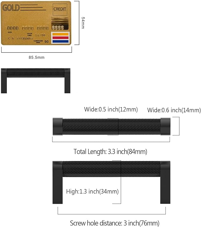 Amerdeco 10 Pack Matte Black knurled Cabinet Pulls 3 Inch Hole Centers Kitchen Cabinet Handles Hardware Kitchen Handles for Cabinets Handles ZH0064