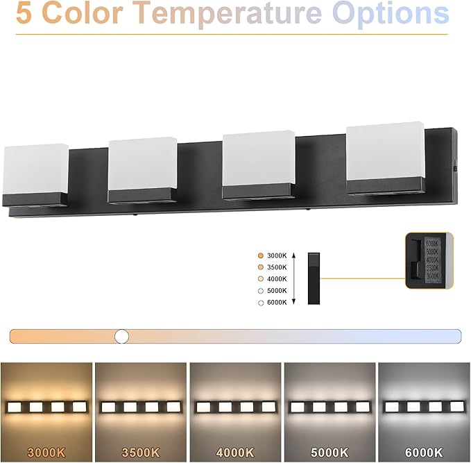 SineRise LED Modern Bathroom Vanity Light Fixtures (4-Light, 30-Inch, 5CCT), Matte Black Modern Acrylic Bathroom Wall Lighting Fixtures Over Mirror (3000K/3500K/4000K/5000K/6000K)
