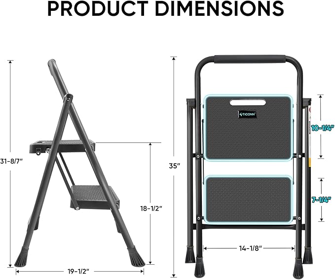TICONN 2 Step Ladder, Heavy Duty Foldable Step Stool, Portable Steel Folding Stool for Household Garage Storage (Black)