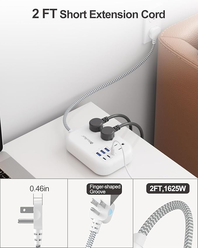 Short Extension Cord 2 Foot- 6 USB(3 USB C) Travel Power Strip with 24W USB Charging Station and 3 Outlets, 2ft Small Flat Plug Extension Cord Surge Protector for Travel Home College Dorm 13A