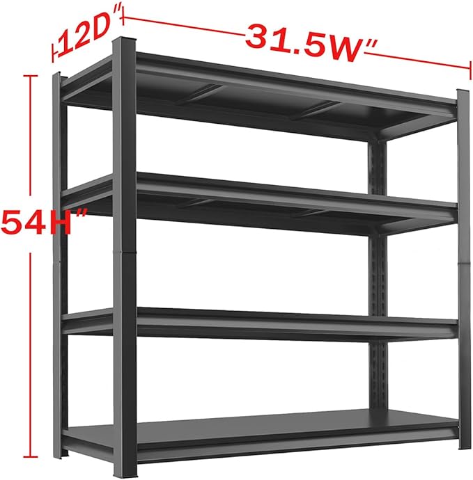 Metal Garage Storage Shelves Heavy Duty Shelving Unit 4 Tier Steel Adjustable Organizing Shelves 2500 LBS Capacity Industrial Shelving Ideal for Garage Tote Pantry Basement Outdoor, 54”Hx31.5”Wx12”D