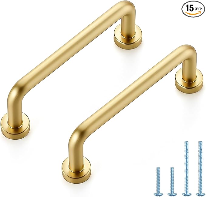 JOY DECOR Cabinet Pulls – 3 Inch Hole Center, Brushed Brass, 15 Pack, Zinc Alloy Cabinet Handles for Drawers & Cupboard – Vintage Style Hardware for Kitchen, Bathroom, Dresser, Furniture Makeover