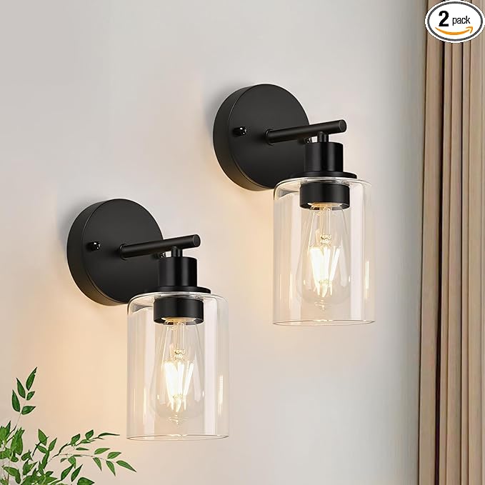 Set of 2 Wall Sconces for Bathroom,Black Modern Vanity Lights with Clear Glass Shade,Bathroom Wall Lamp for Mirror Kitchen Living Room Hallway Cabinet Porch