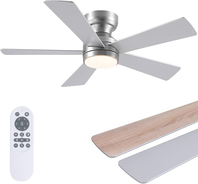 46" Ceiling Fan with Lights Low Profile, Flush Mount Ceiling Light with Remote and 5 Blades, Mute Reversible Motor, 6 Speeds and 3CCT Dimming, Modern Fan Light for Indoor Bedroom, Silver