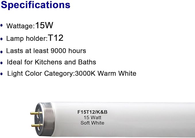 4 Pack F15T12/K&B Soft White 15W T12 Linear Fluorescent Bulb,Replacement for GE10185 Philips 141465 F15T12/WW,G13 Medium 2-Pin Base 18 Inches