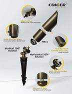 COLOER Die-cast Brass Landscape Spot Lights Outdoor with 5W Aluminum Housing LED MR16 Bulb 2700K 450LM, 12V AC/DC Low Voltage LED Landscape Lighting, Outdoor Directional Up Light(103B, 1-Pack)