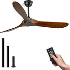 60 Inch Wood Ceiling Fan No Light,ETL Listed Farmhouse Outdoor Ceiling Fans for Patios with Remote,3 Blade Low Profile Windmill Propeller Room Fan with High CFM DC Motor for Exterior Pergola(Walnut)