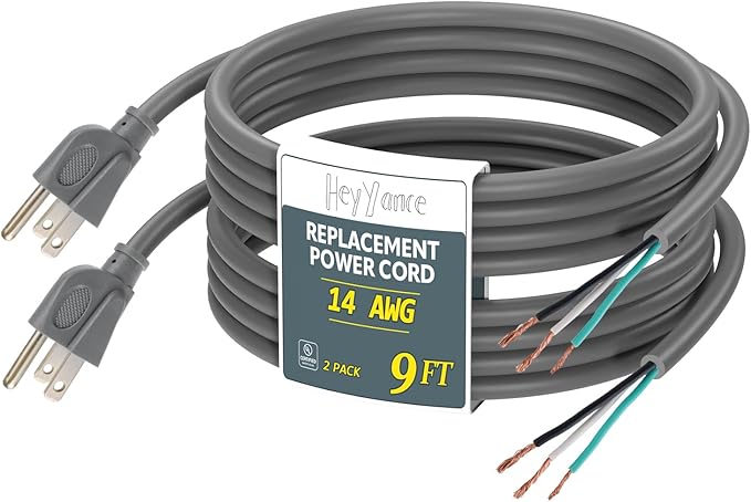 2 Pack 9 ft 14/3C SJTW Appliance and Power Tool Cord, 14 Gauge 3 Prong Heavy Duty Replacement Power Supply Cord Cable, 110V 115V 120V AC Pigtail, 15A, 1875w