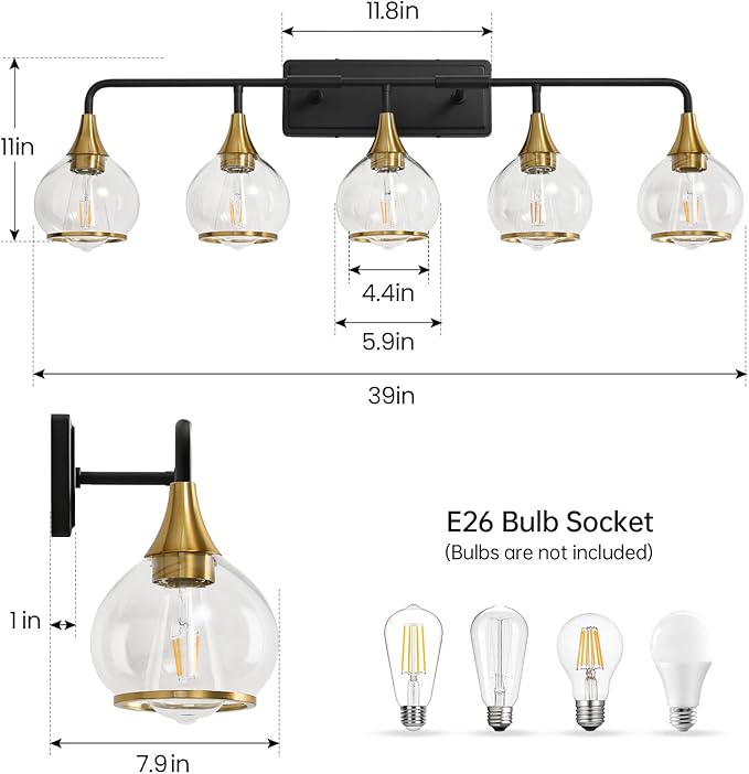 Black and Gold Bathroom Vanity Light 5-Lights Bathroom Light Fixtures Over Mirror with Clear Glass Shade 39.2 inch Wall Sconce Lighting Bath(Exclude E26 Bulb)