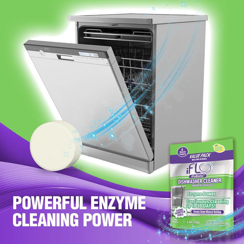 iFLO Dishwasher Cleaner Tablets with iFLObiotic – Deep Cleaning Dishwasher and Deodorizer Tablets to Eliminate Dish Washer Odor, Remove Residue & Freshen Dish Washer Machine Cleaner, 6 Pack