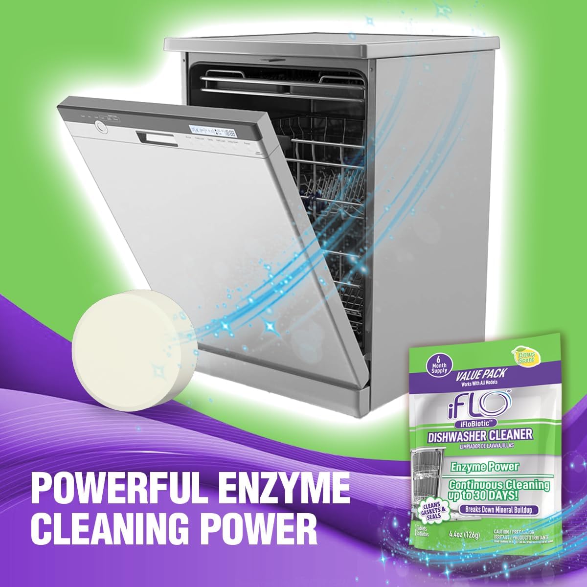 iFLO Dishwasher Cleaner Tablets with iFLObiotic – Deep Cleaning Dishwasher and Deodorizer Tablets to Eliminate Dish Washer Odor, Remove Residue & Freshen Dish Washer Machine Cleaner, 6 Pack