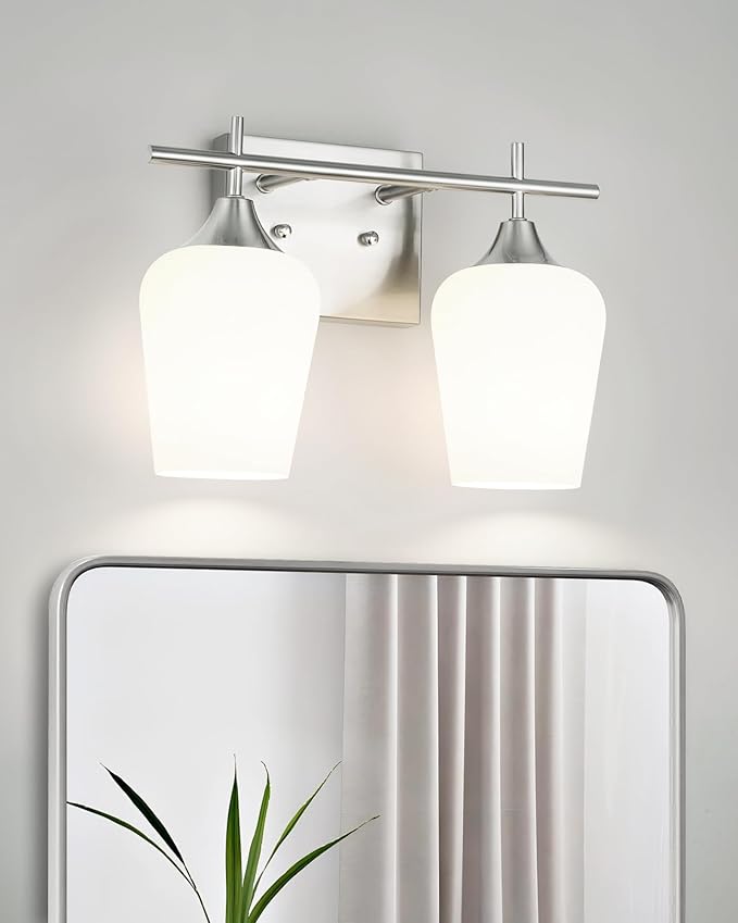 2 Lights Bathroom Light Fixture, 15 Inch Brushed Nickel Bathroom Vanity Lights Over Mirror, Modern Bath Wall Sconce Light with Frosted Glass, OS-YQ9167-2BNW