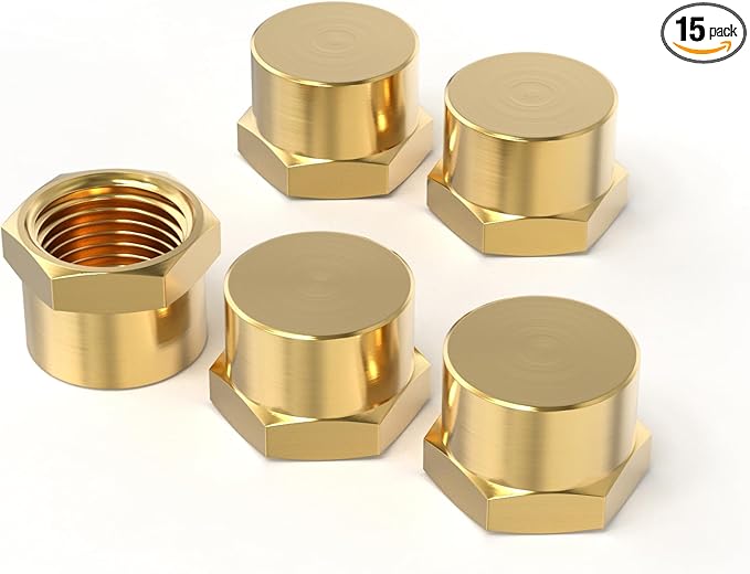 GASHER 1/4"NPT Brass Pipe Cap, NPT Female Thread Socket Pipe End Cap Plugs Fitting 15PCS