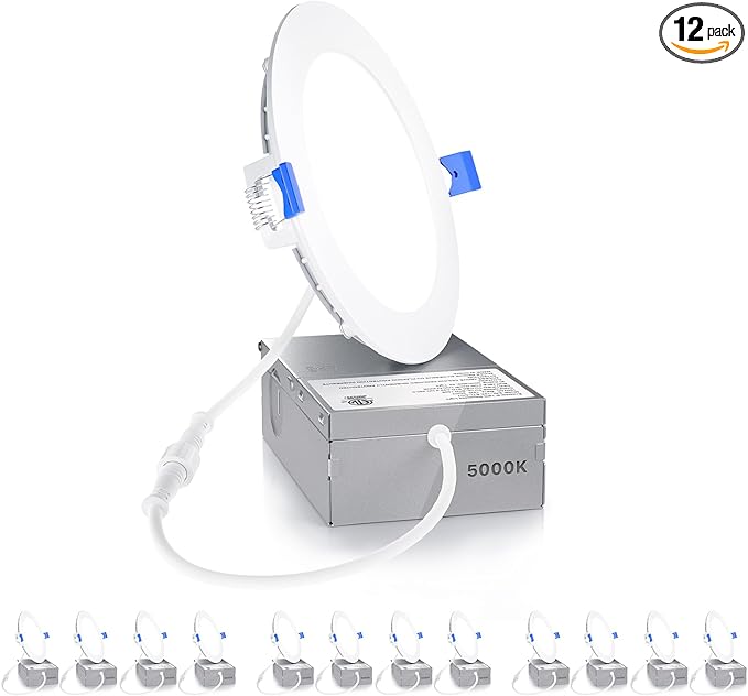 Ensenior 12 Pack 6 Inch LED Recessed Ceiling Light, Dimmable, 5000K Daylight, 1050LM 12W 120V, High Brightness Canless Wafer Downlight - ETL&FCC&IC